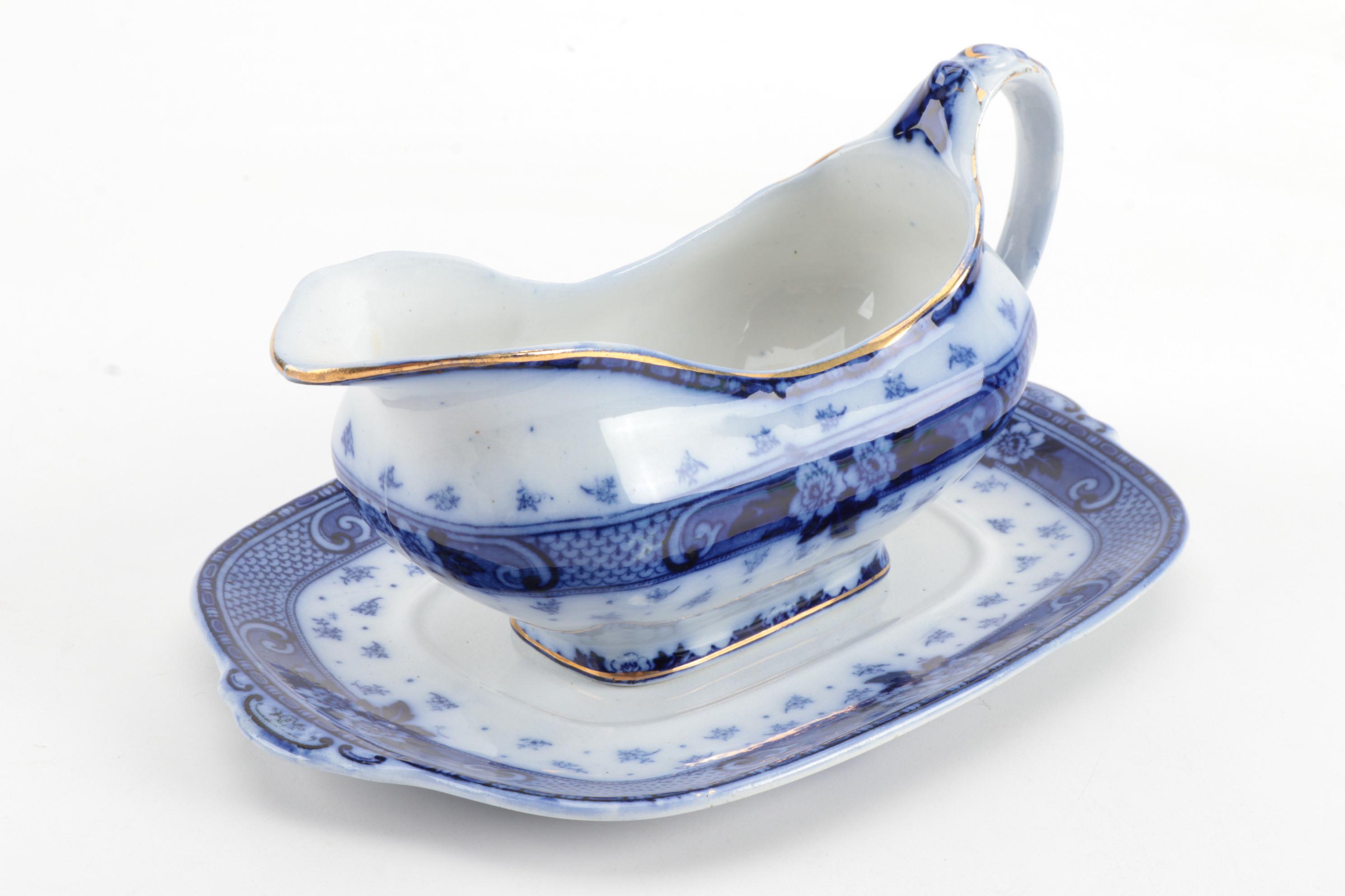 Ford & Sons Ltd "Weir" Flow Blue Gravy Boat with Other Gravy and Butter Pats