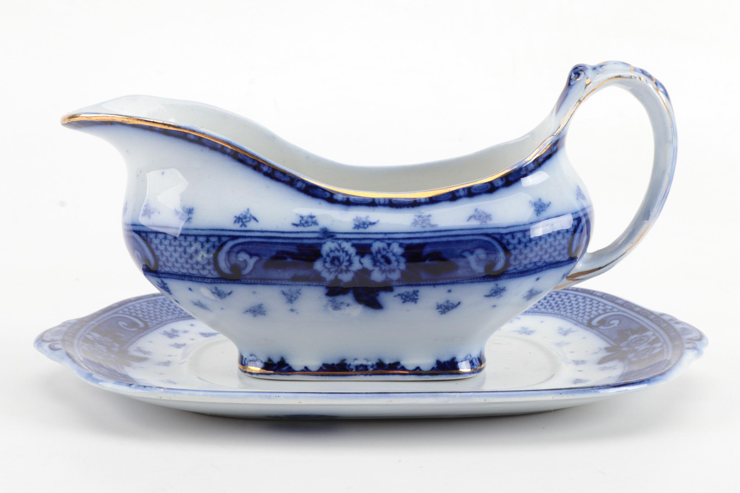Ford & Sons Ltd "Weir" Flow Blue Gravy Boat with Other Gravy and Butter Pats