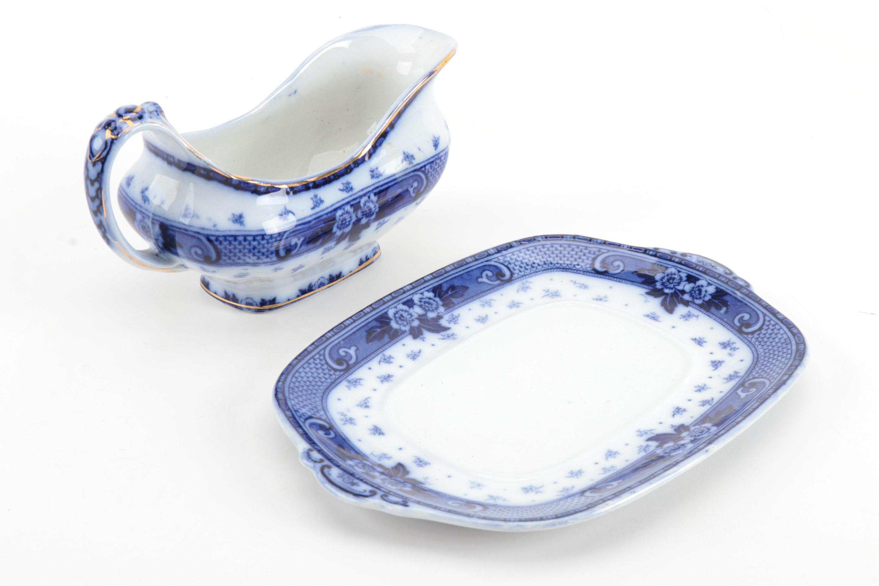Ford & Sons Ltd "Weir" Flow Blue Gravy Boat with Other Gravy and Butter Pats