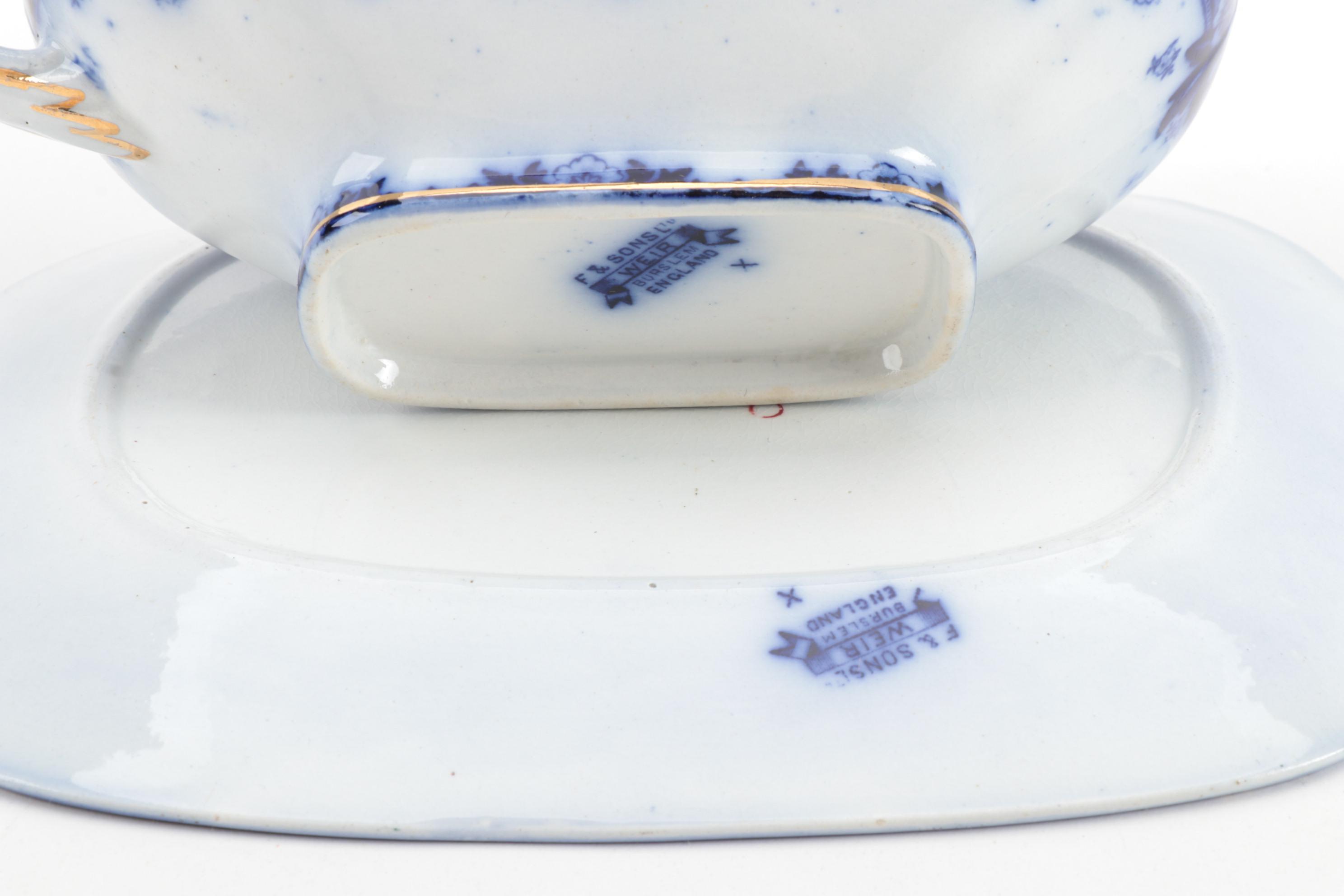 Ford & Sons Ltd "Weir" Flow Blue Gravy Boat with Other Gravy and Butter Pats