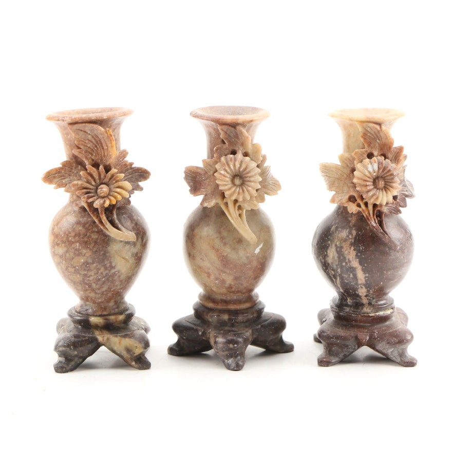 Chinese Carved Soapstone Floral Themed Bud Vases