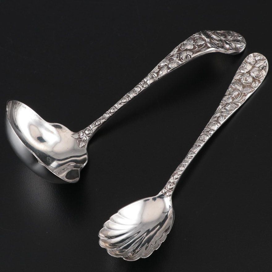 Schofield "Baltimore Rose" Sterling Silver Sugar Shell Spoon and Gravy Ladle