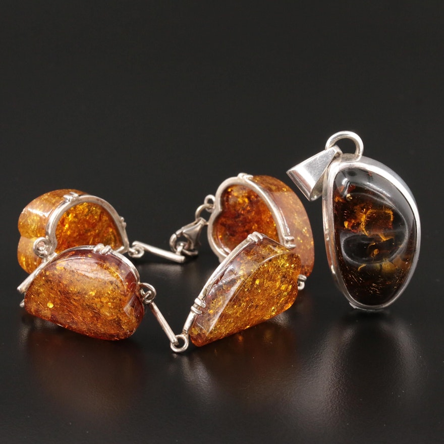 Sterling Silver Amber Pendant and Bracelet