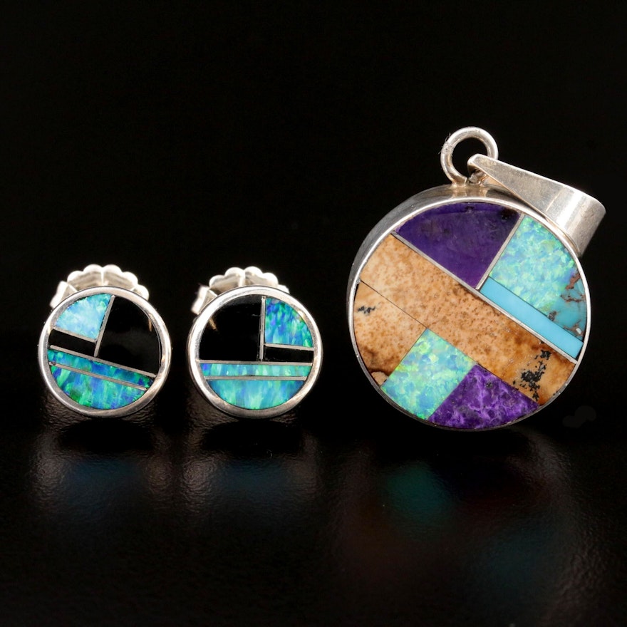 Southwestern Sterling Silver Turquoise and Opal Inlay Pendant and Earrings