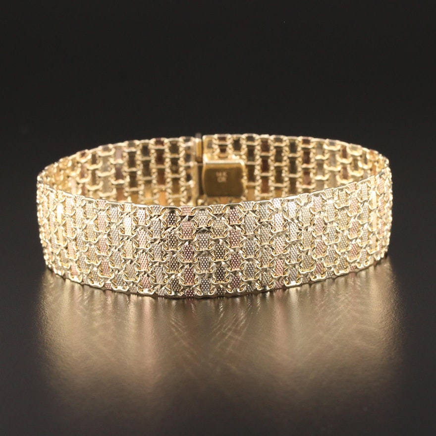 14K Yellow, White and Rose Gold Flexible Bracelet with Diamond Cut Finish