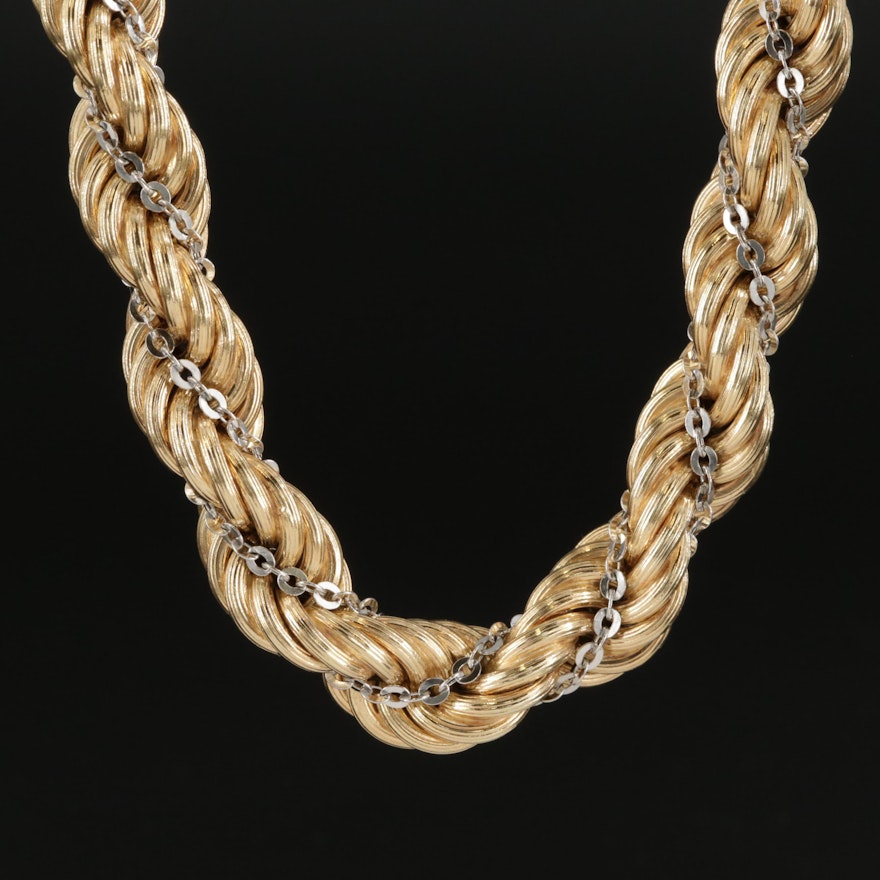 14K Yellow Gold Rope Necklace with White Gold Cable Chain Accent
