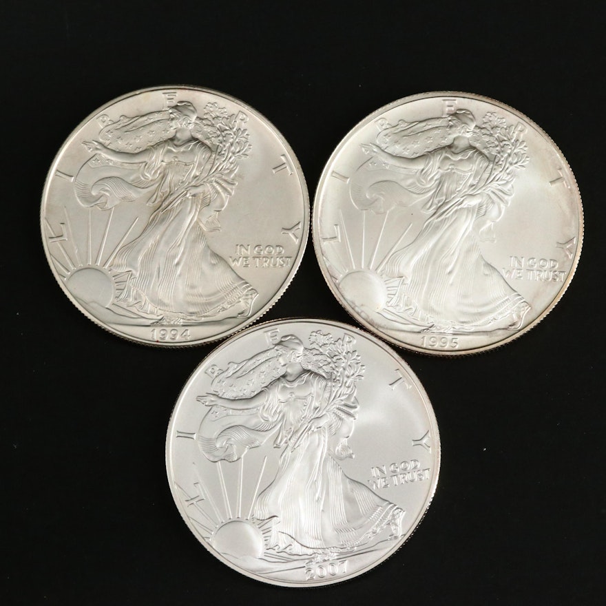 Three American Silver Eagle Bullion Coins, Including Two Better Dates