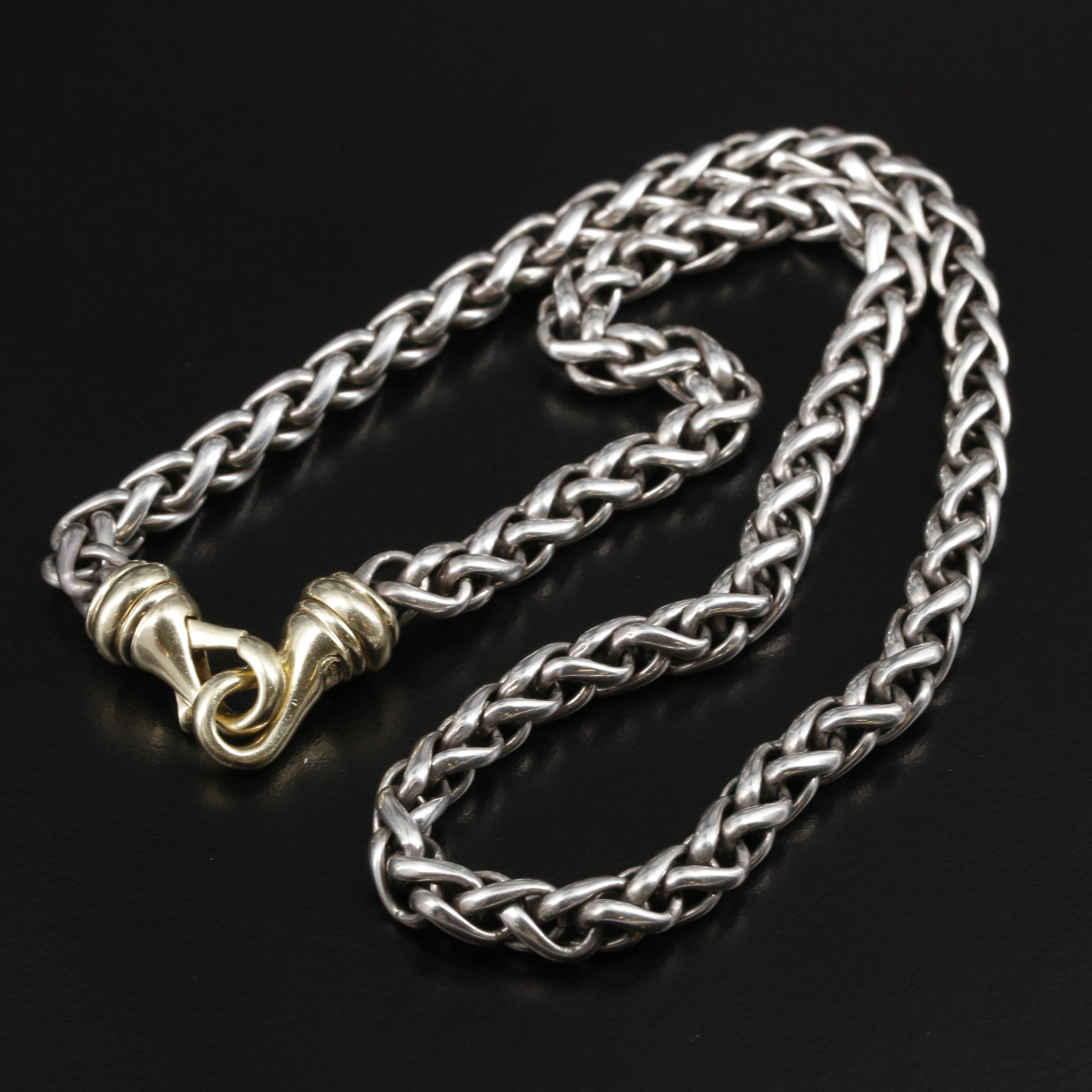 Vintage David Yurman Sterling Wheat Chain Necklace with 14K Gold Accents