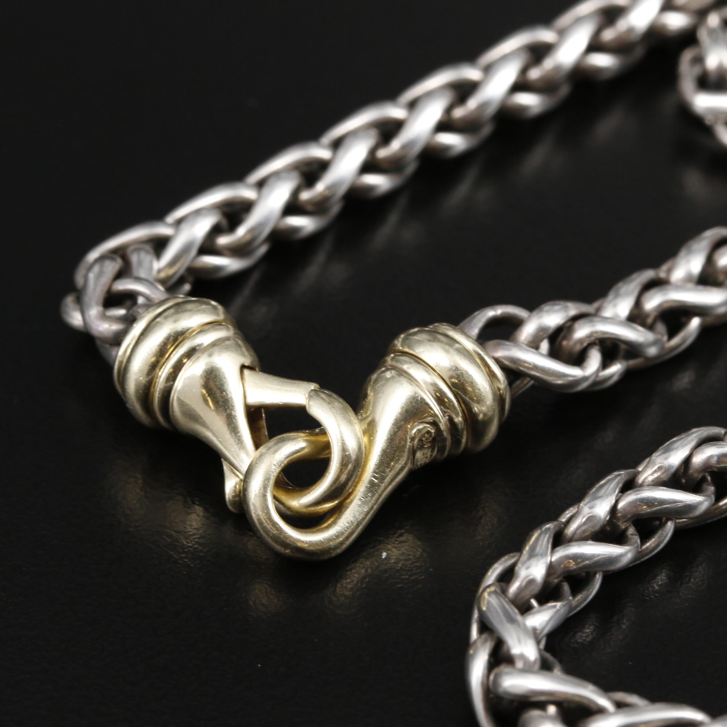 Vintage David Yurman Sterling Wheat Chain Necklace with 14K Gold Accents