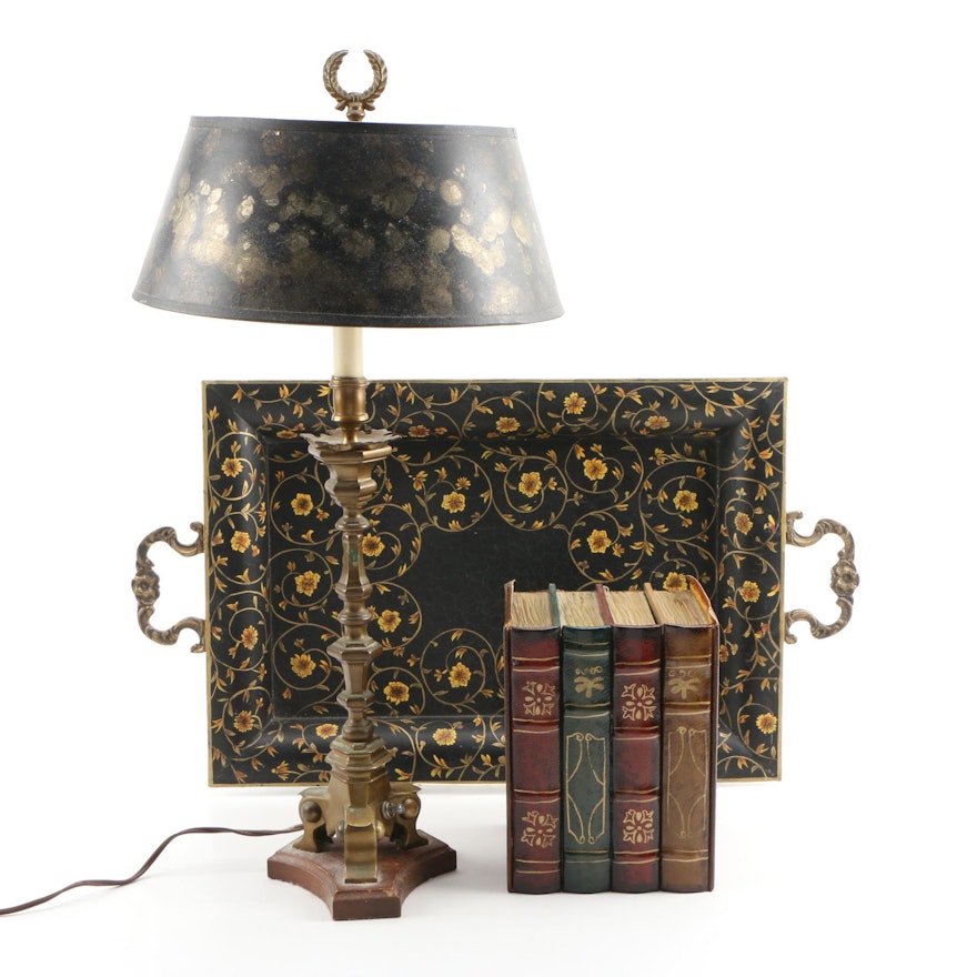 Painted Floral Tray, with Black and Gold Table Lamp and Faux Books Décor