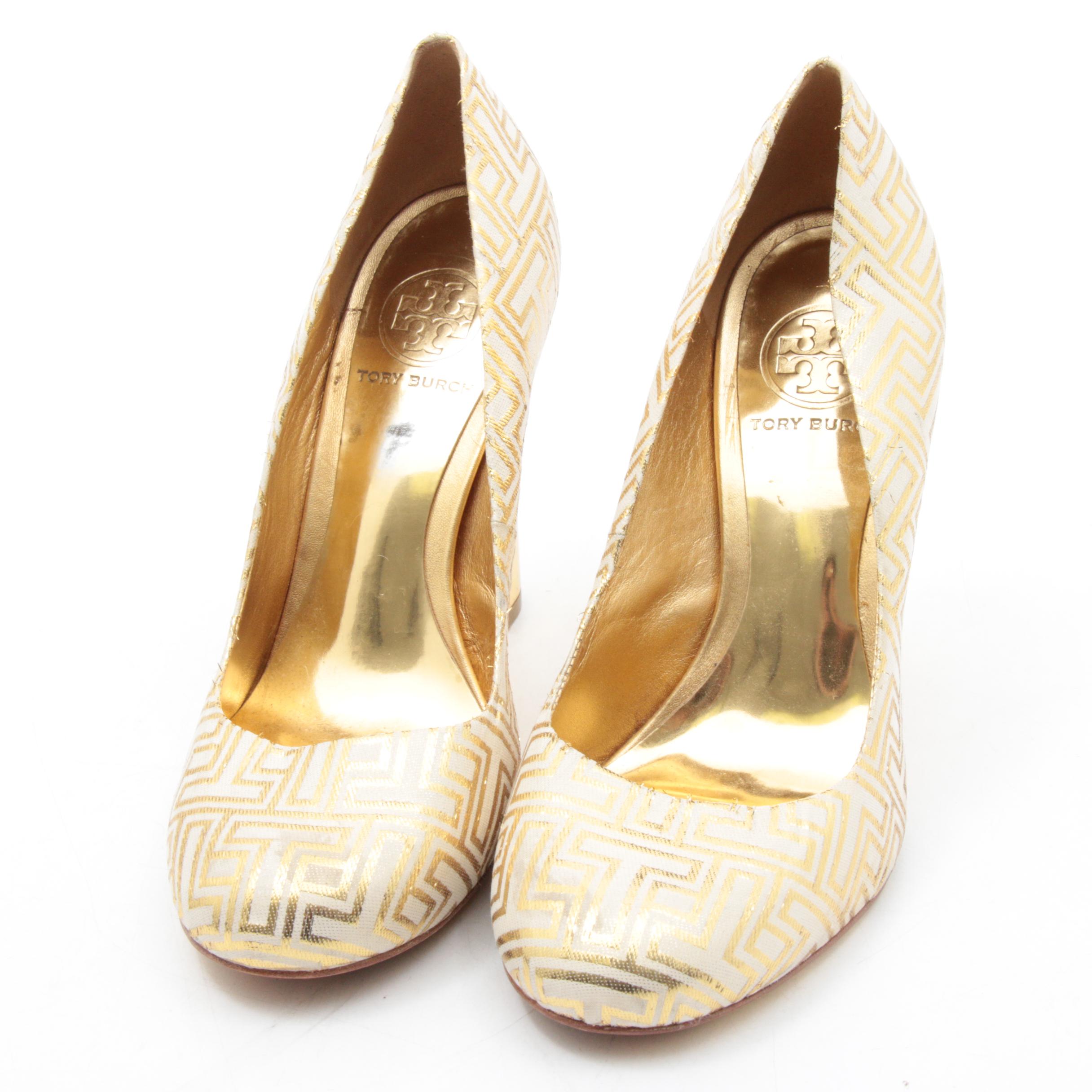 Tory Burch Colin Gold Metallic Round Toe Heels