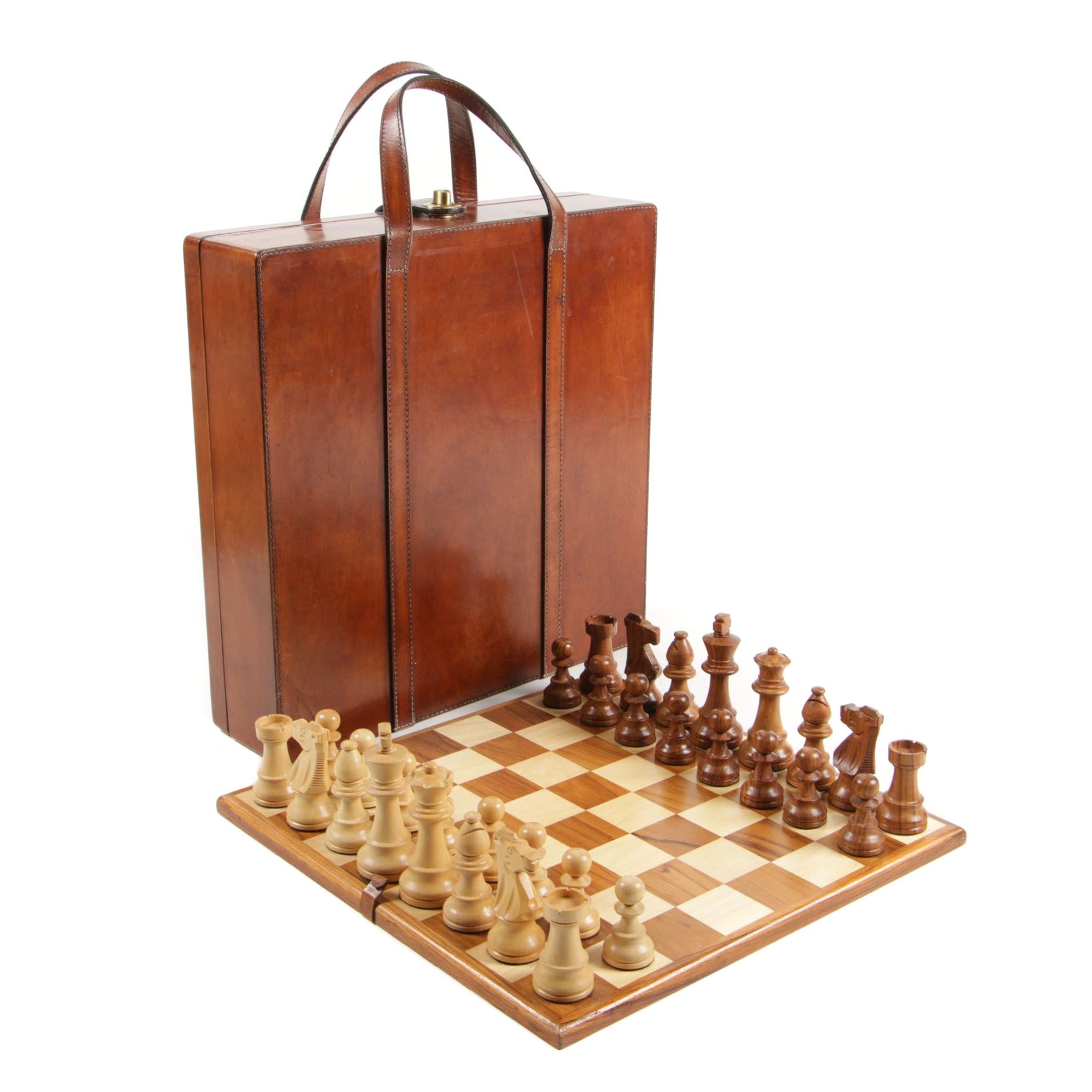 Carved Wooden Chess Set with Leather Storage Carrying Case