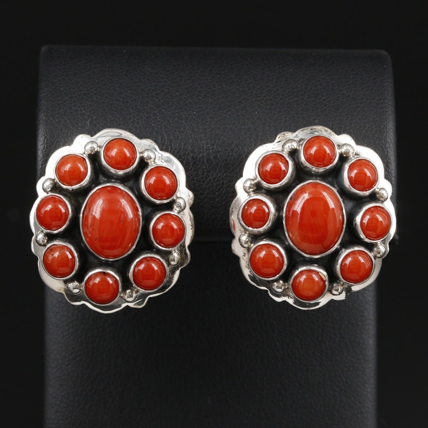 Darren Livingston Navajo Diné Sterling Silver Coral Earrings