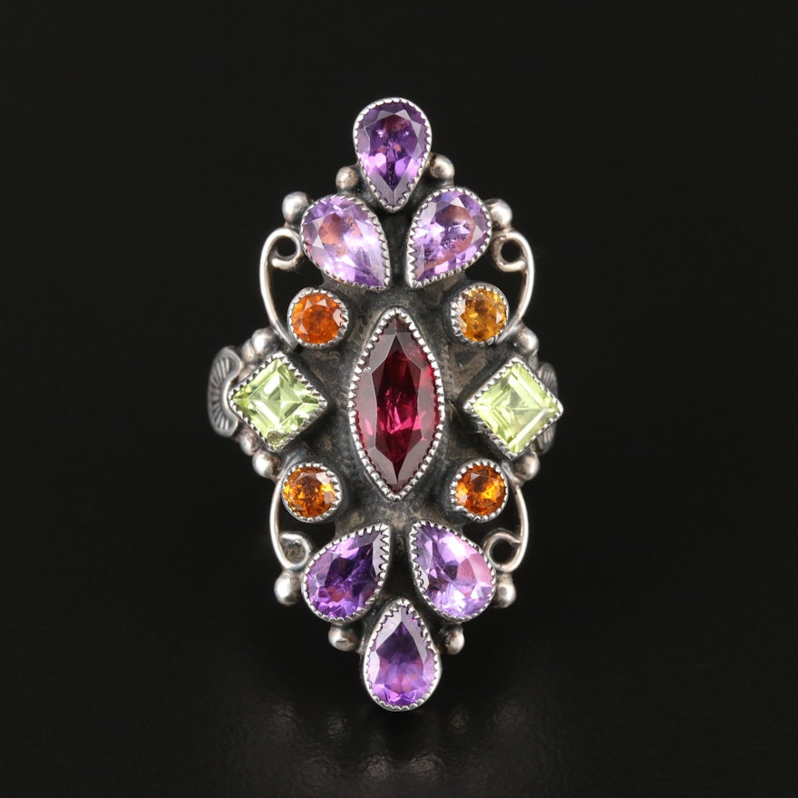 Leo Feeney Southwestern Sterling Silver Amethyst, Garnet and Peridot Ring