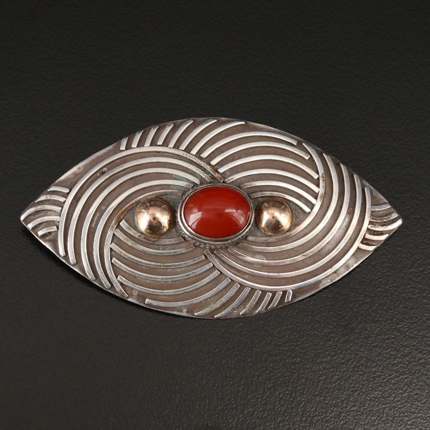 Sterling Silver Carnelian Brooch with Gold Accents