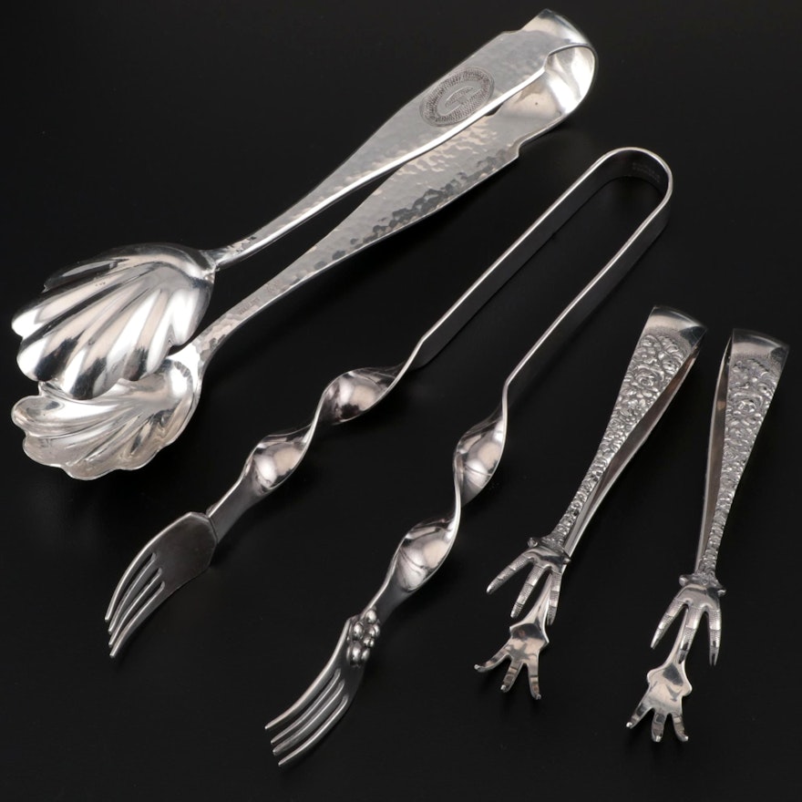 Stieff Sterling "Steiff Rose" Sugar Tongs and Other Sterling Serving Tongs