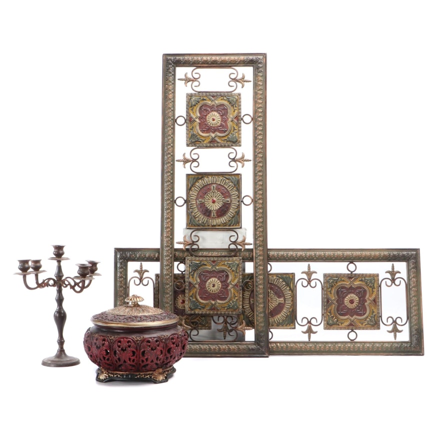 Contemporary Metal Wall Screen Décor, Candelabrum and Reticulated Resin Jar