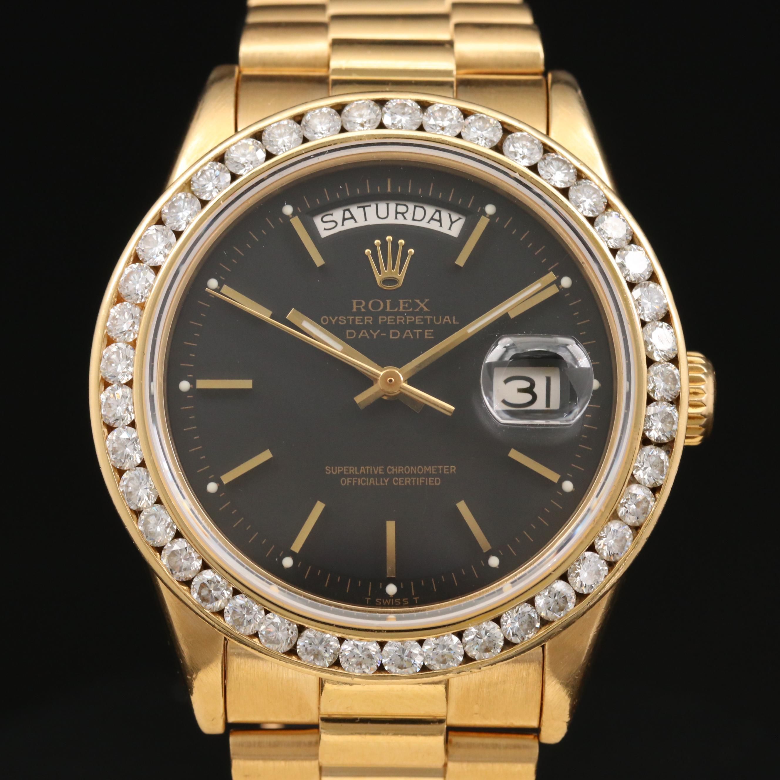 Vintage Rolex Day-Date 18K Gold and 2.66 CTW Diamond Bezel Watch, 1974