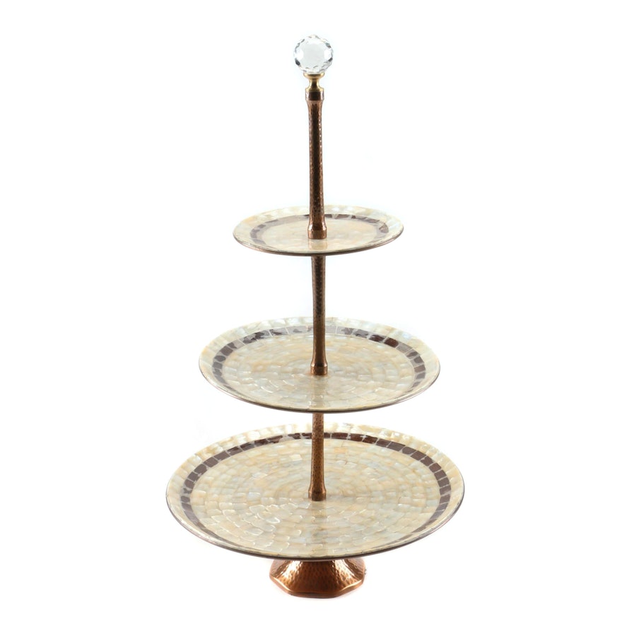 Decorative 3-Tier Hammered Copper and Shell Pedestal Server, Contemporary