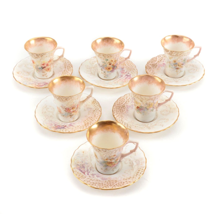 Royal Doulton Hand-Painted Porcelain Demitasse Cups and Saucers, 1891-1901