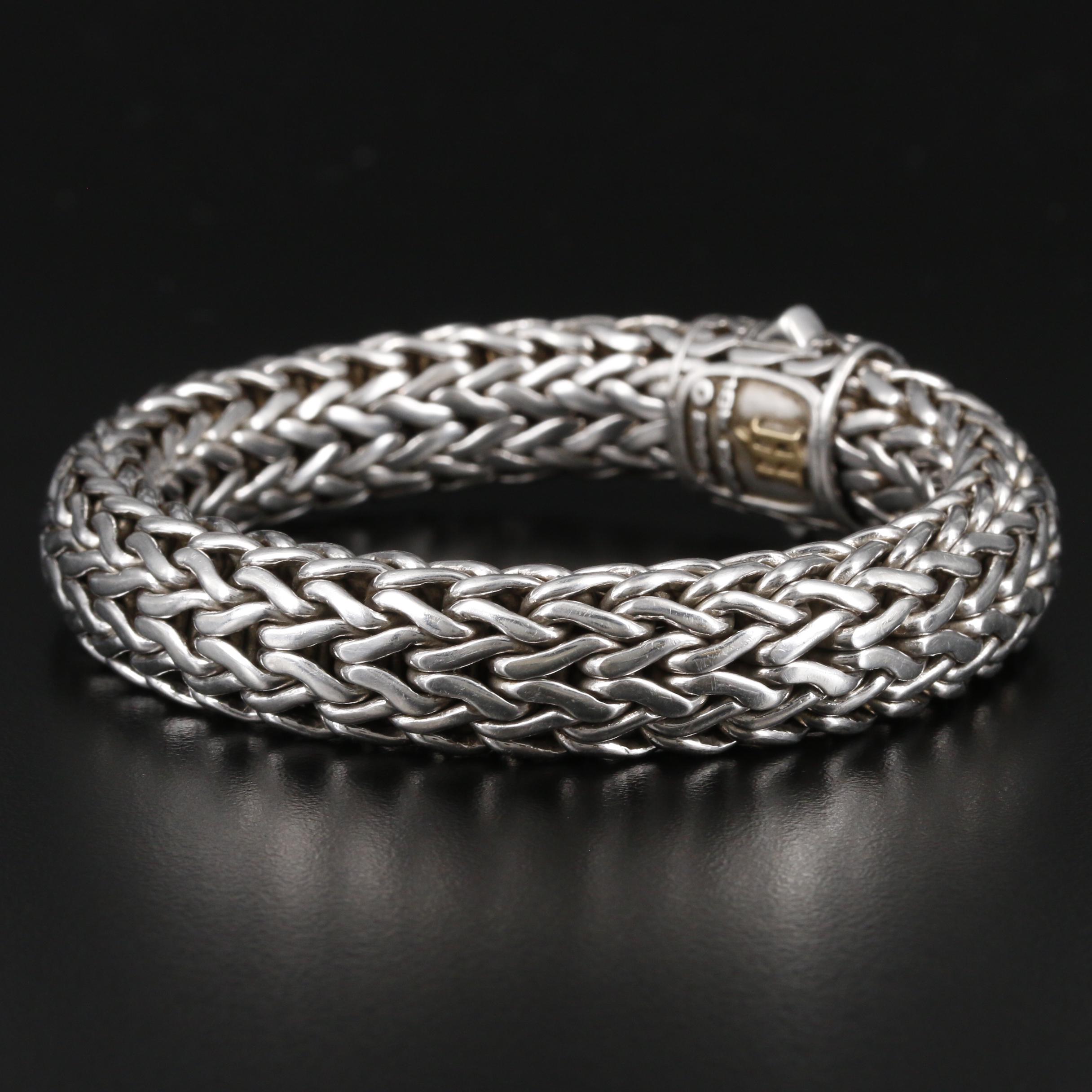 John Hardy "Classic Chain" Sterling Diamond Bracelet with 18K Gold Accents