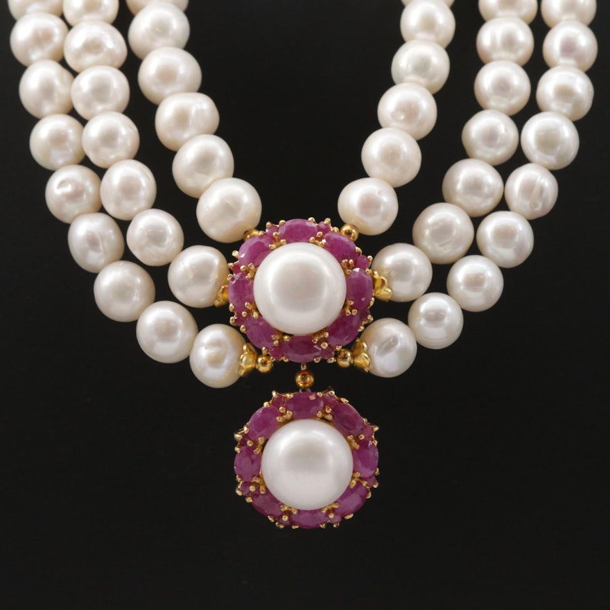Triple Strand Pearl and Ruby Festoon Necklace with Sterling Silver Clasp