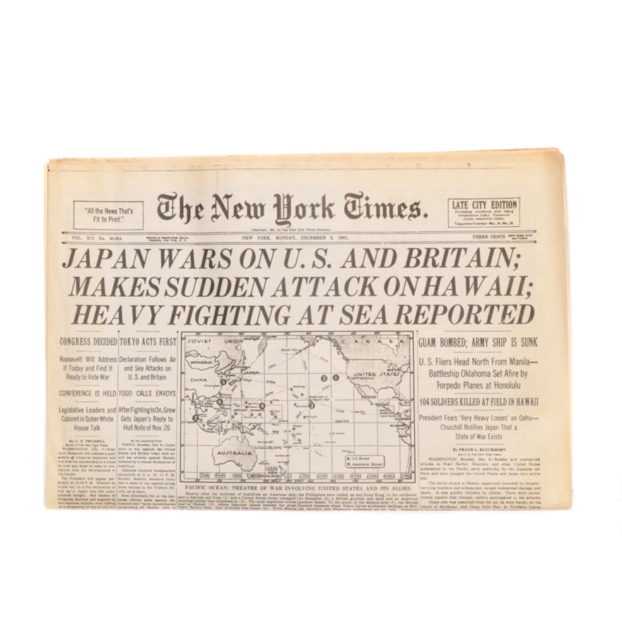 The New York Times, December 8th 1941 "Japan Wars on U.S. and Britain" Newspaper