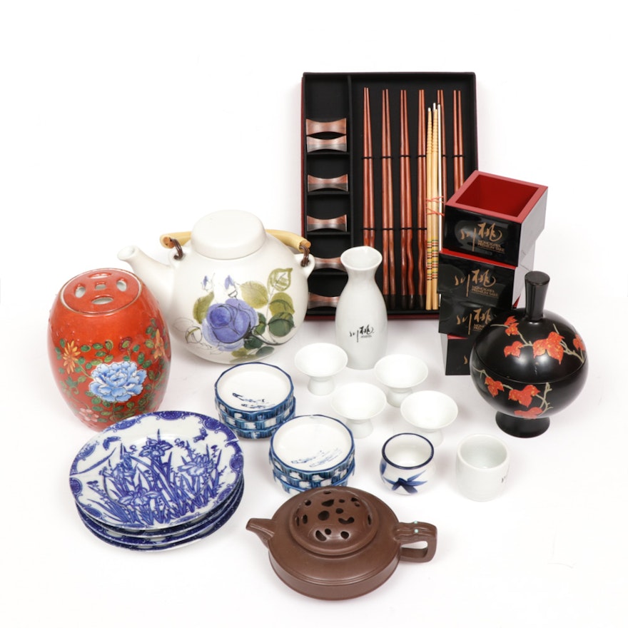 Japanese Tea Kettles, Sake Set and Wood Chopsticks