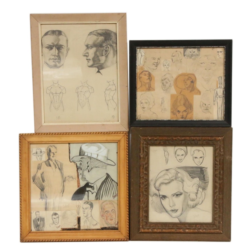 Graphite Portrait and Figure Study Drawings, 20th Century