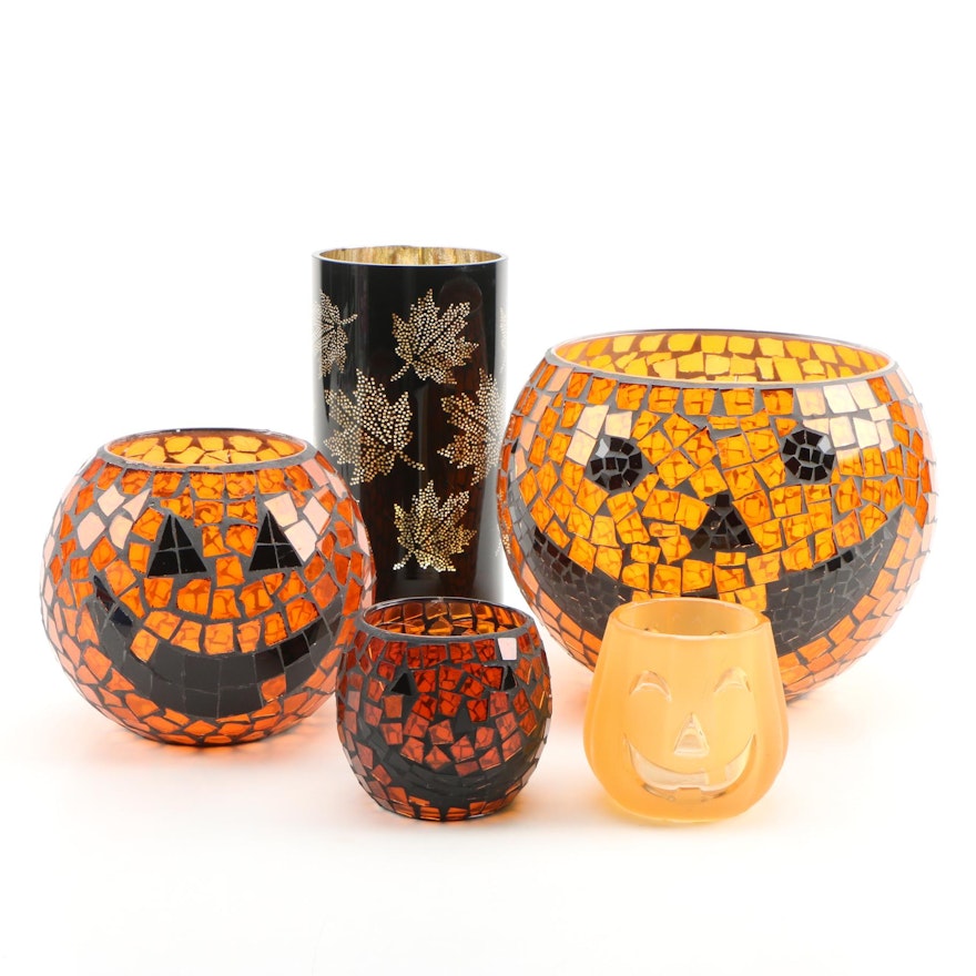 Halloween Mosaic Pumpkin Candle Holders, Leaf Detailed Hurricane and Votive