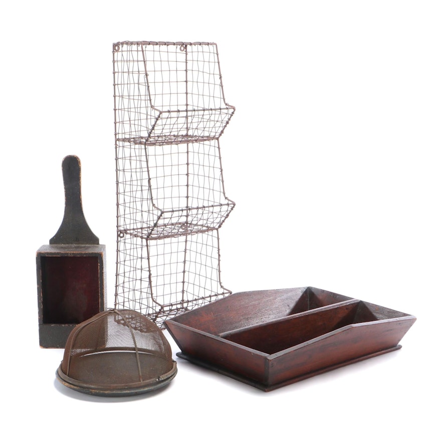 Divided Wire Wall Bin, Wood Divided Tray and Other Décor, Vintage