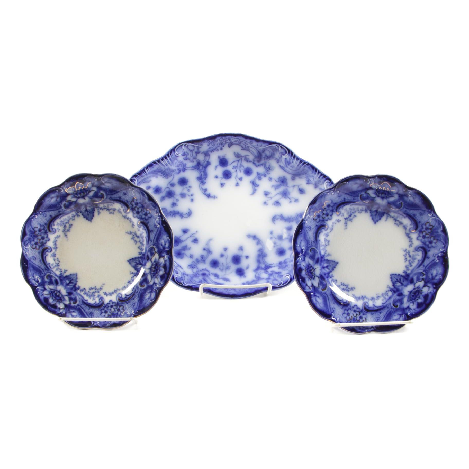 W. H. Grindley "Marie" Flow Blue Platter with Johnson Bros "Argyle" Plates