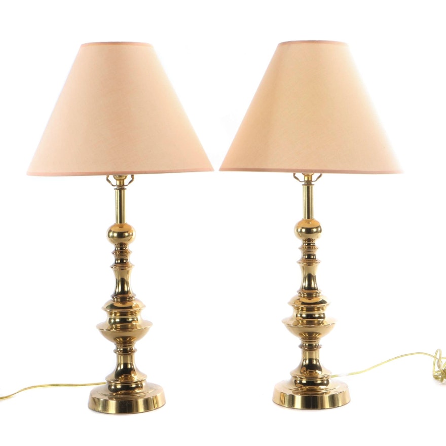 Pair of Brass Baluster Table Lamps with Peach Fabric Shades