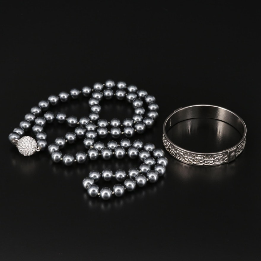 Single Strand Imitation Pearl and Rhinestone Necklace with Coach Bangle Bracelet