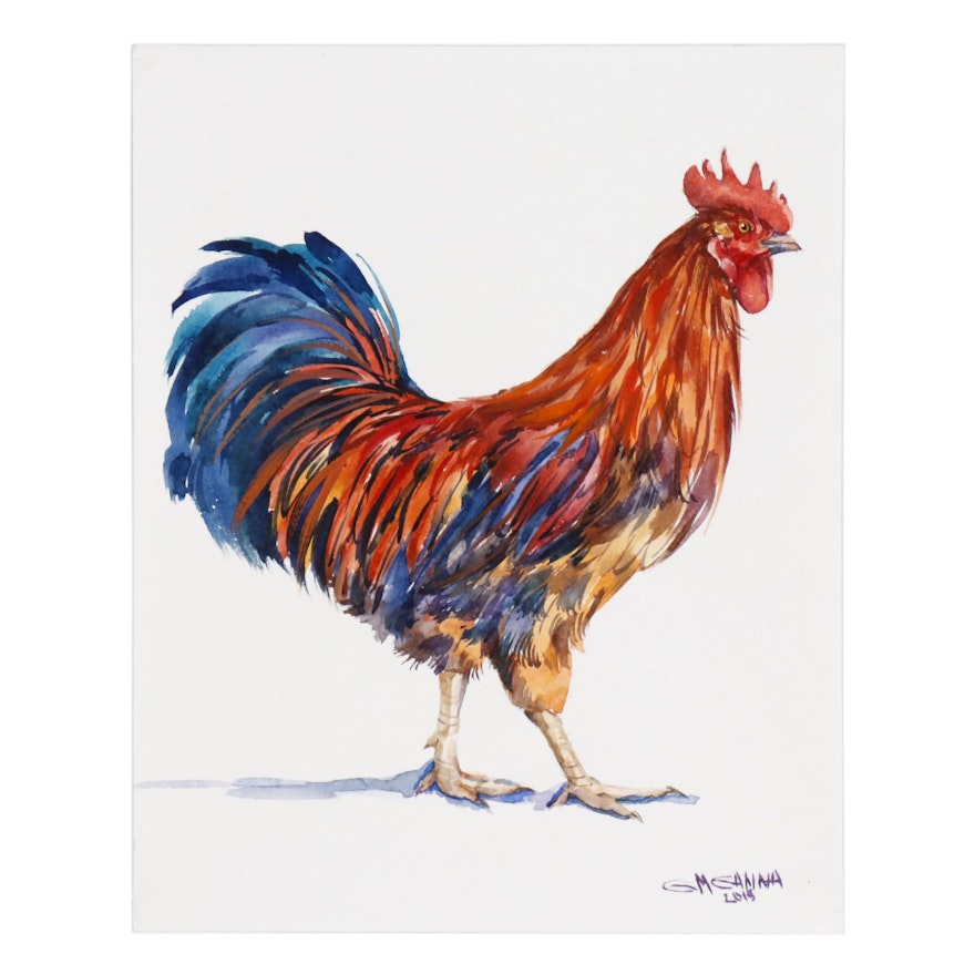 Ganna Melnychenko Watercolor Painting "Colorful Rooster Portrait", 2019