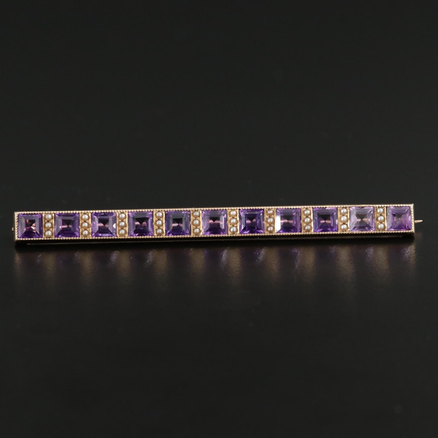 Circa 1910 Allsopp Bros. 14K Yellow Gold Amethyst and Seed Pearl Bar Brooch