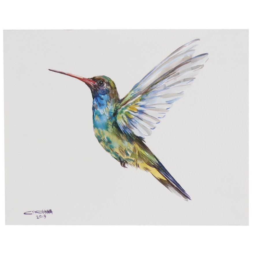 Ganna Melnychenko Watercolor Painting "Colorful Hummingbird Flying"