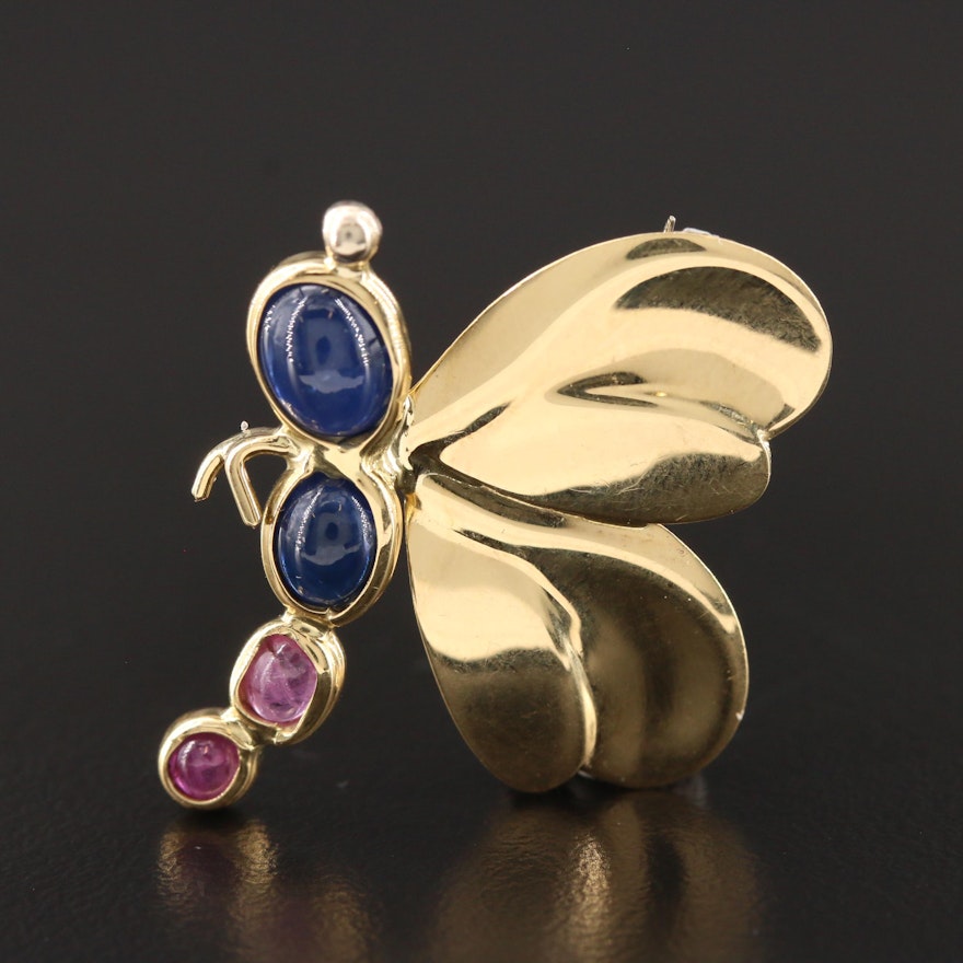 18K Yellow Gold Sapphire and Ruby Insect Brooch