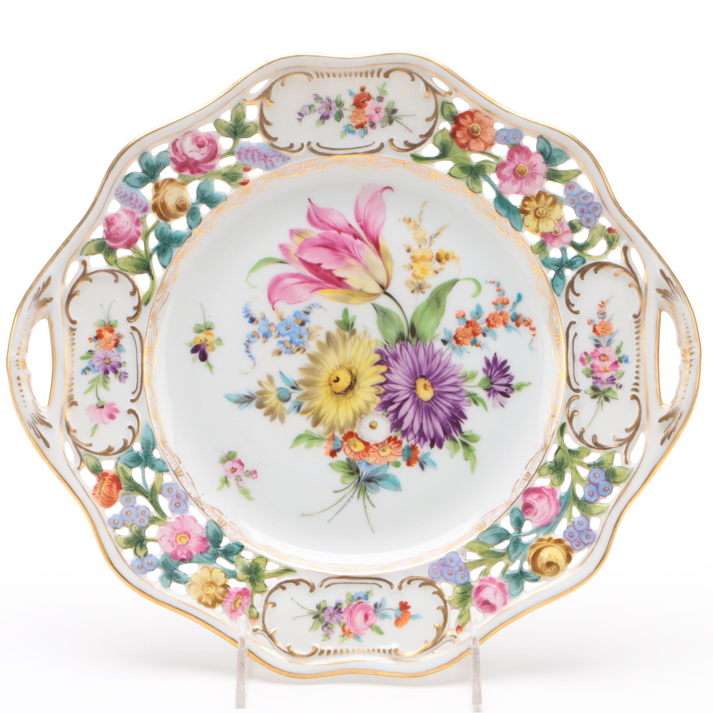 Carl Thieme Dresden Hand-Painted Pierced Porcelain Dinner Plates and Cake Plate
