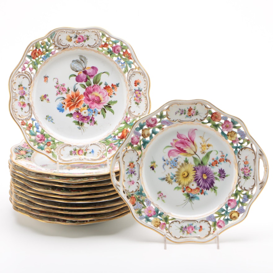 Carl Thieme Dresden Hand-Painted Pierced Porcelain Dinner Plates and Cake Plate