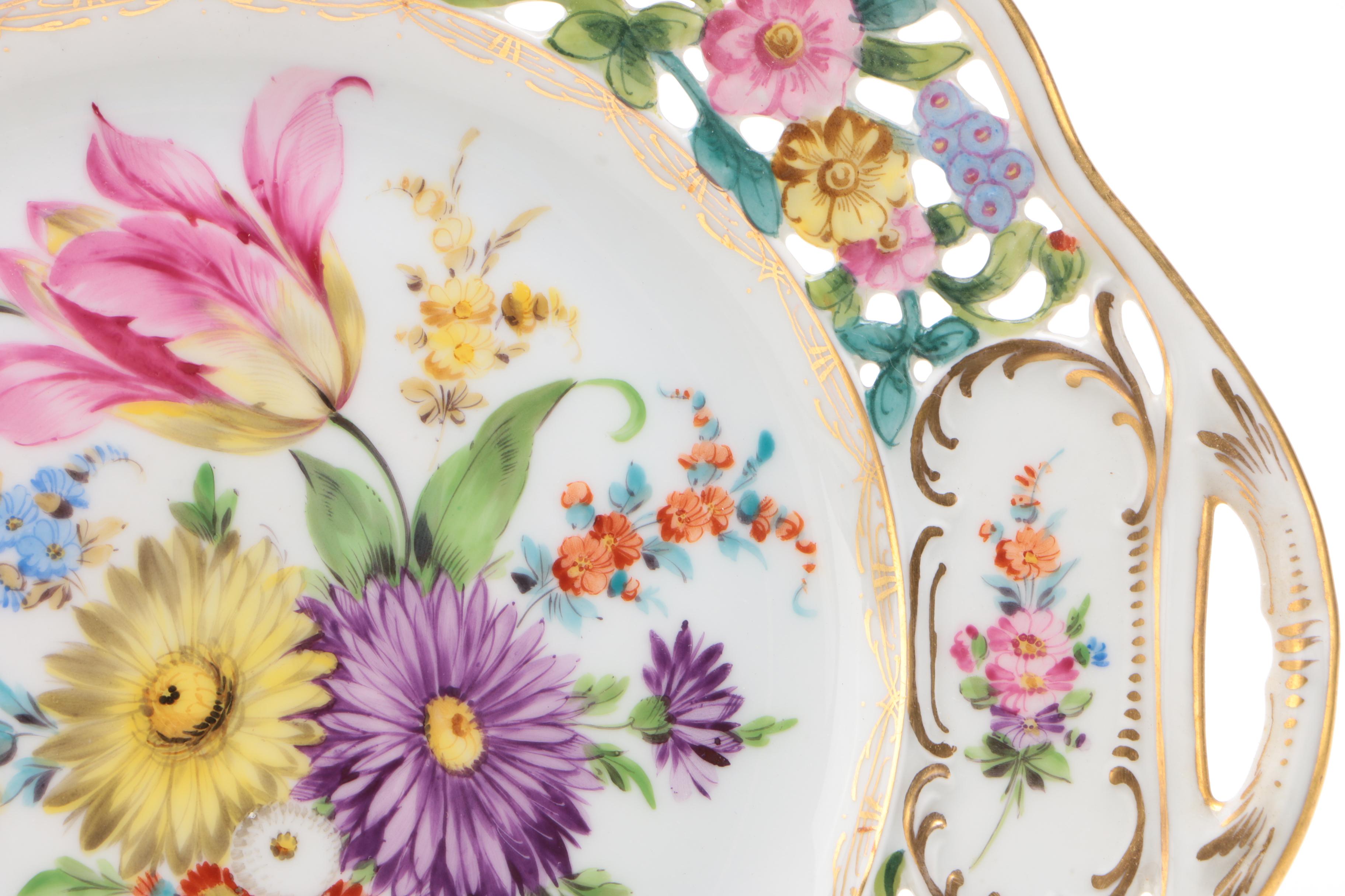 Carl Thieme Dresden Hand-Painted Pierced Porcelain Dinner Plates and Cake Plate