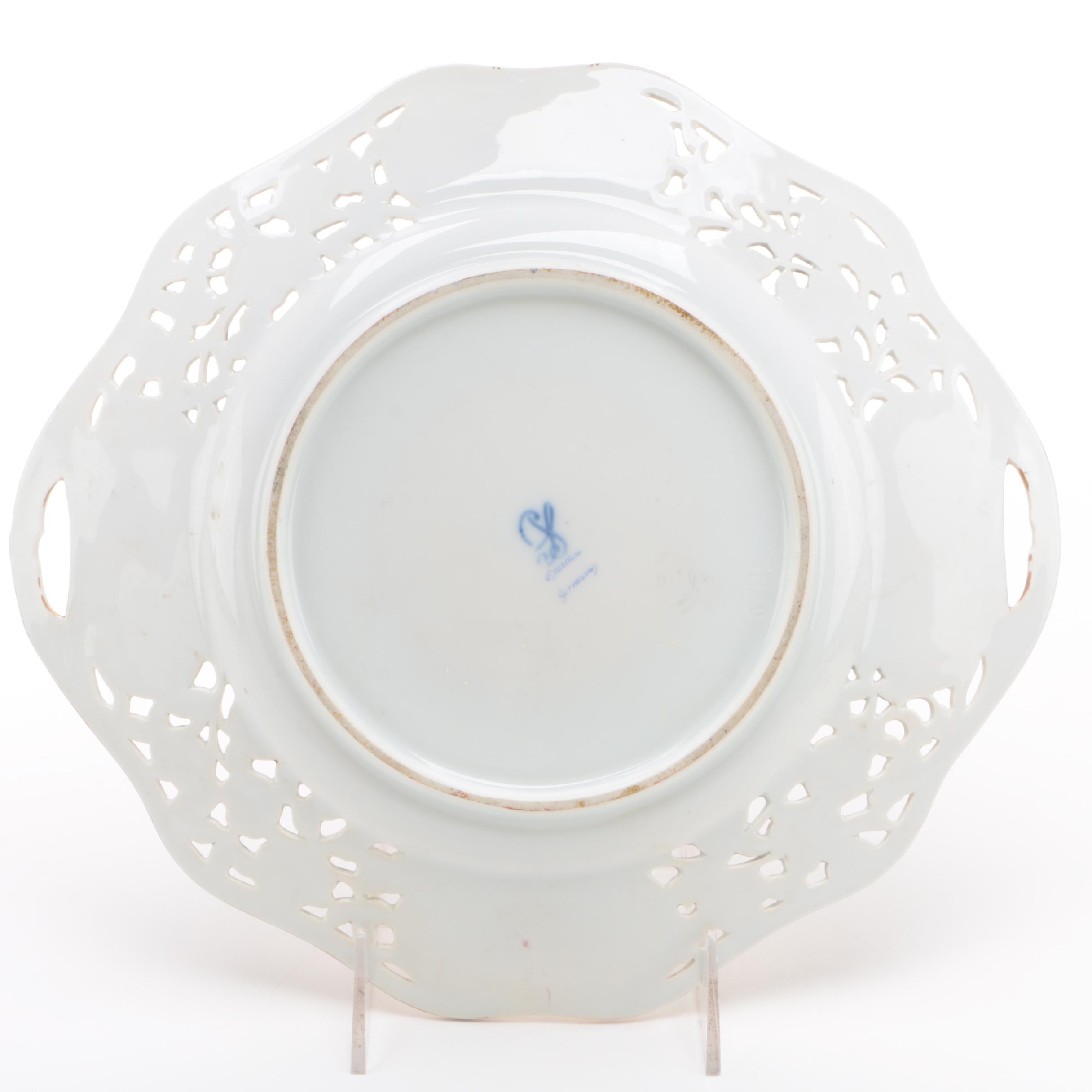 Carl Thieme Dresden Hand-Painted Pierced Porcelain Dinner Plates and Cake Plate