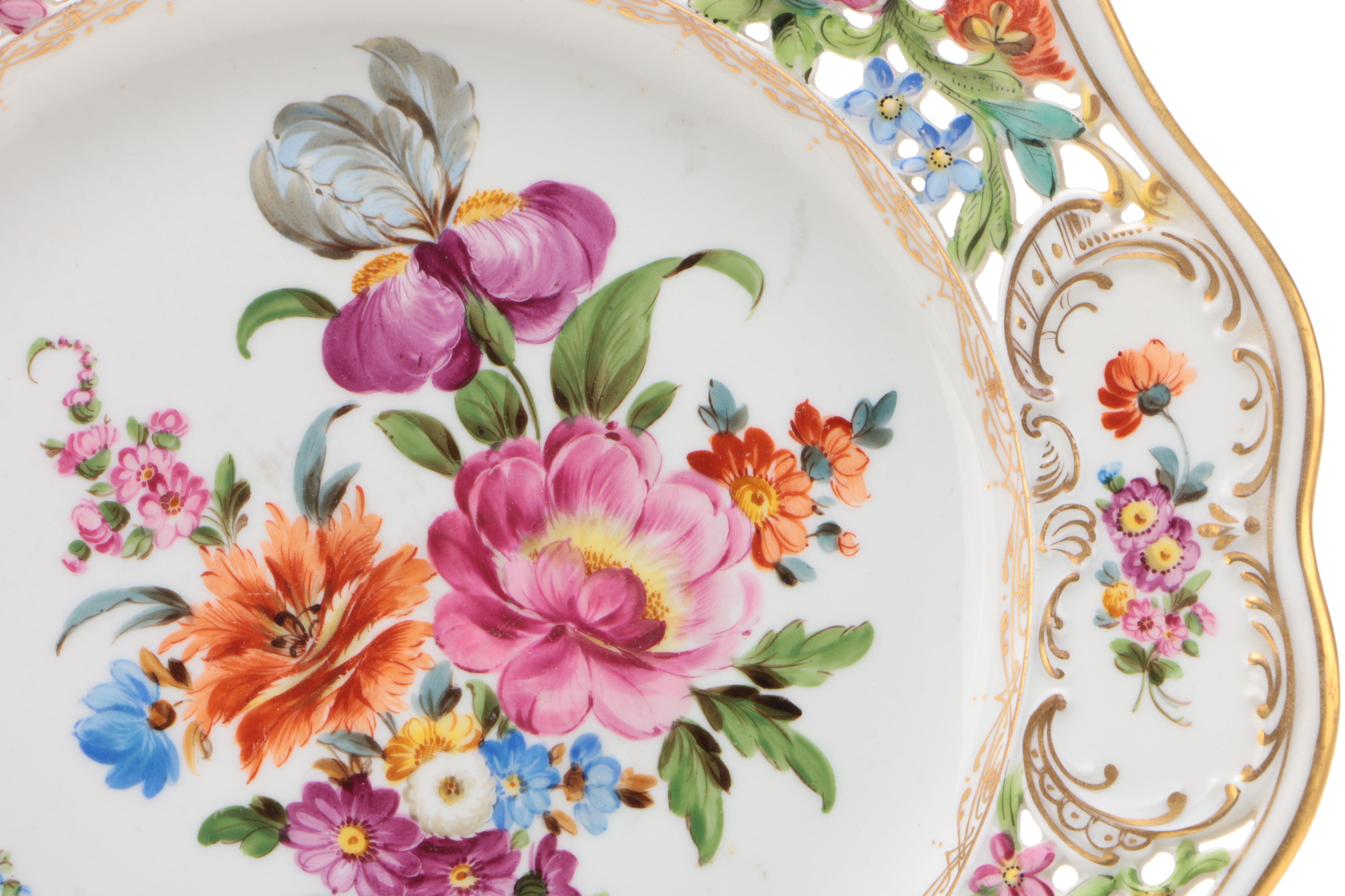 Carl Thieme Dresden Hand-Painted Pierced Porcelain Dinner Plates and Cake Plate