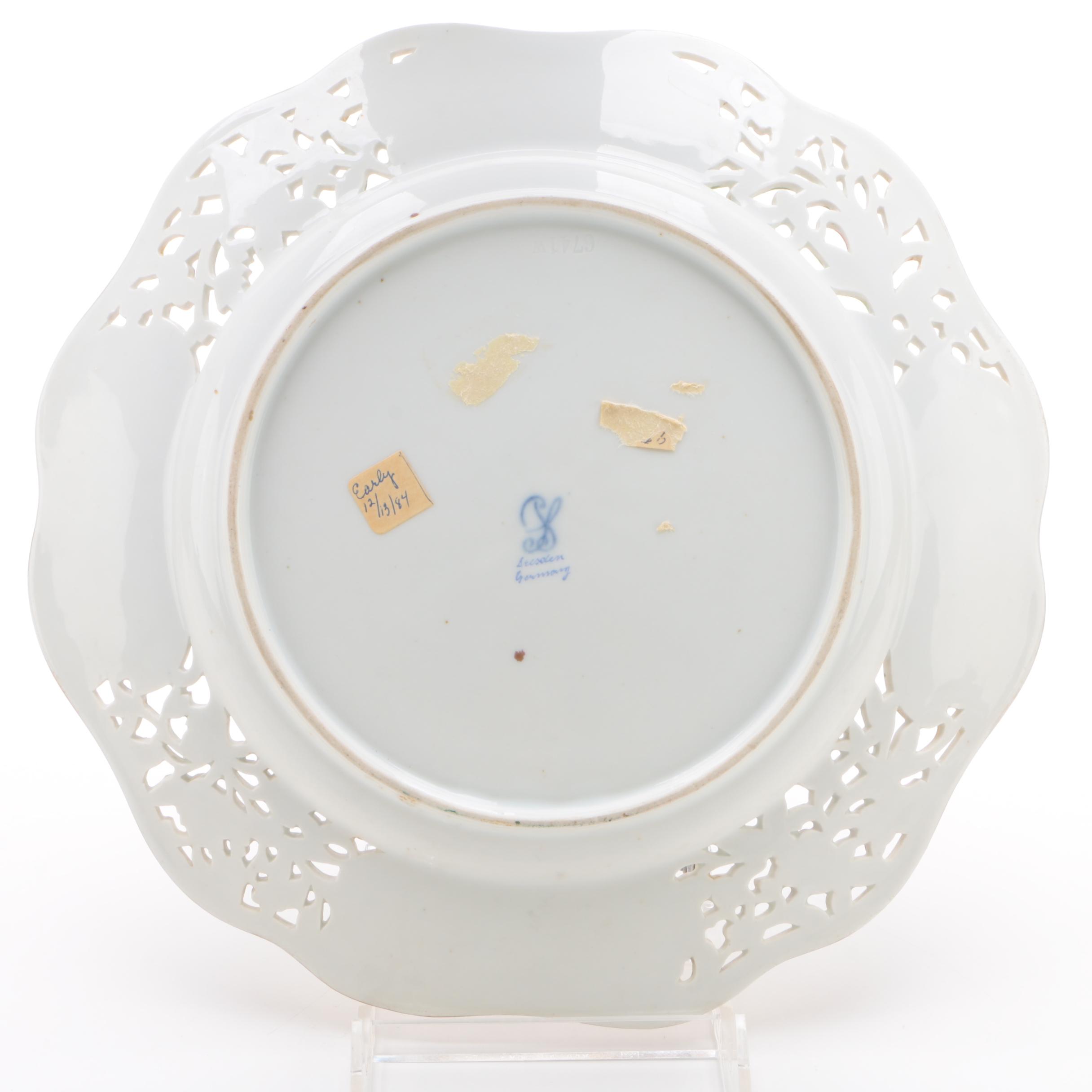 Carl Thieme Dresden Hand-Painted Pierced Porcelain Dinner Plates and Cake Plate