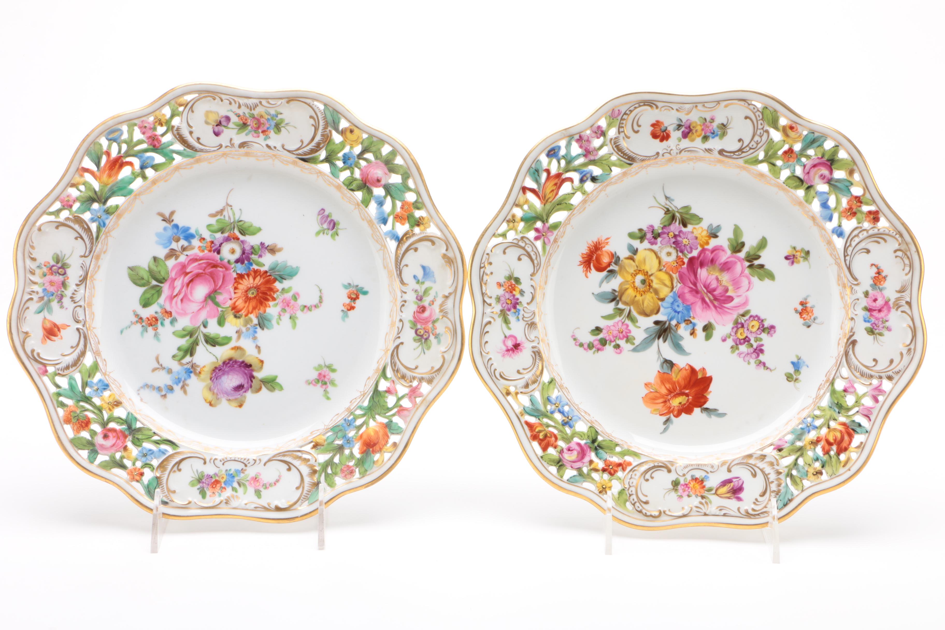Carl Thieme Dresden Hand-Painted Pierced Porcelain Dinner Plates and Cake Plate
