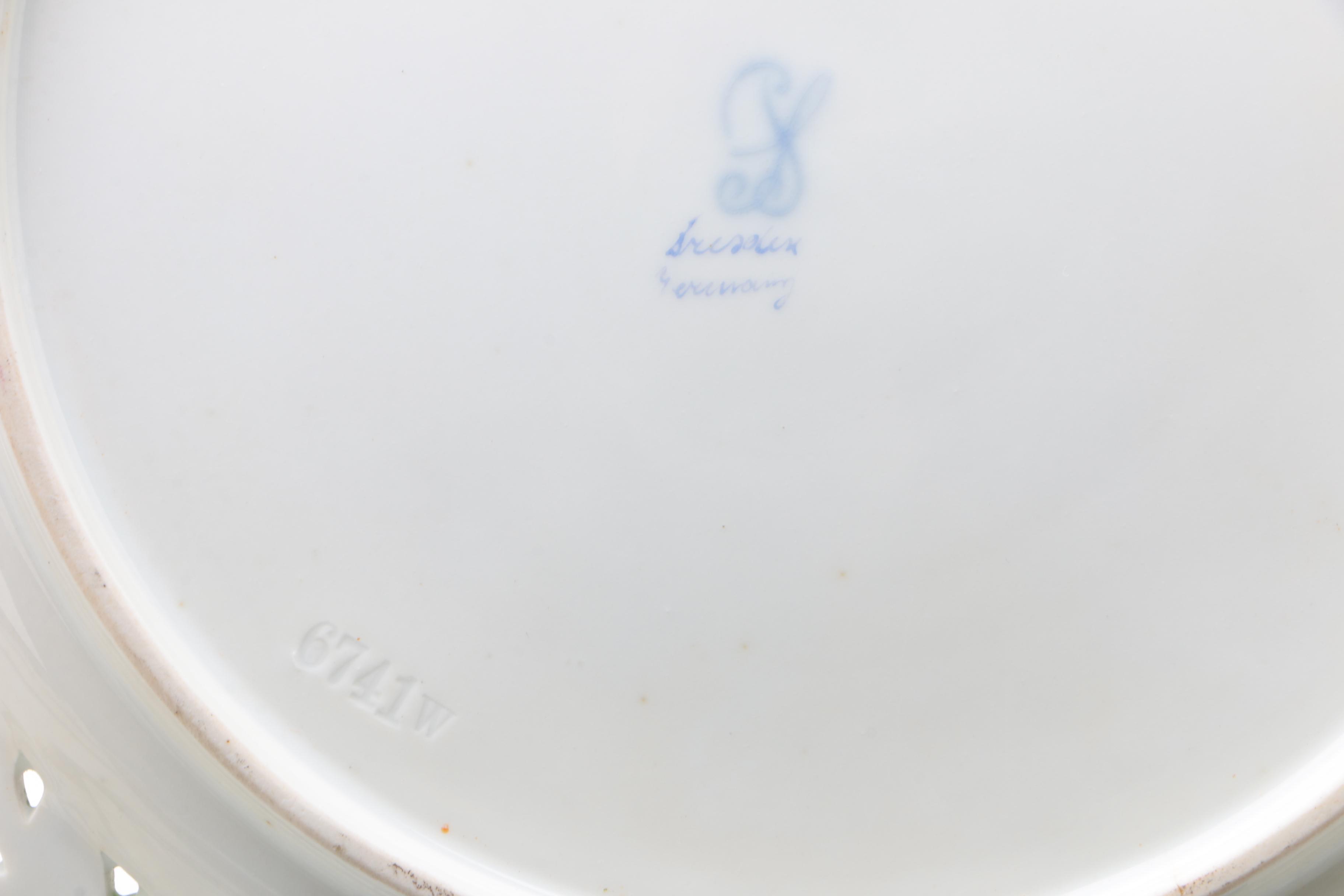 Carl Thieme Dresden Hand-Painted Pierced Porcelain Dinner Plates and Cake Plate