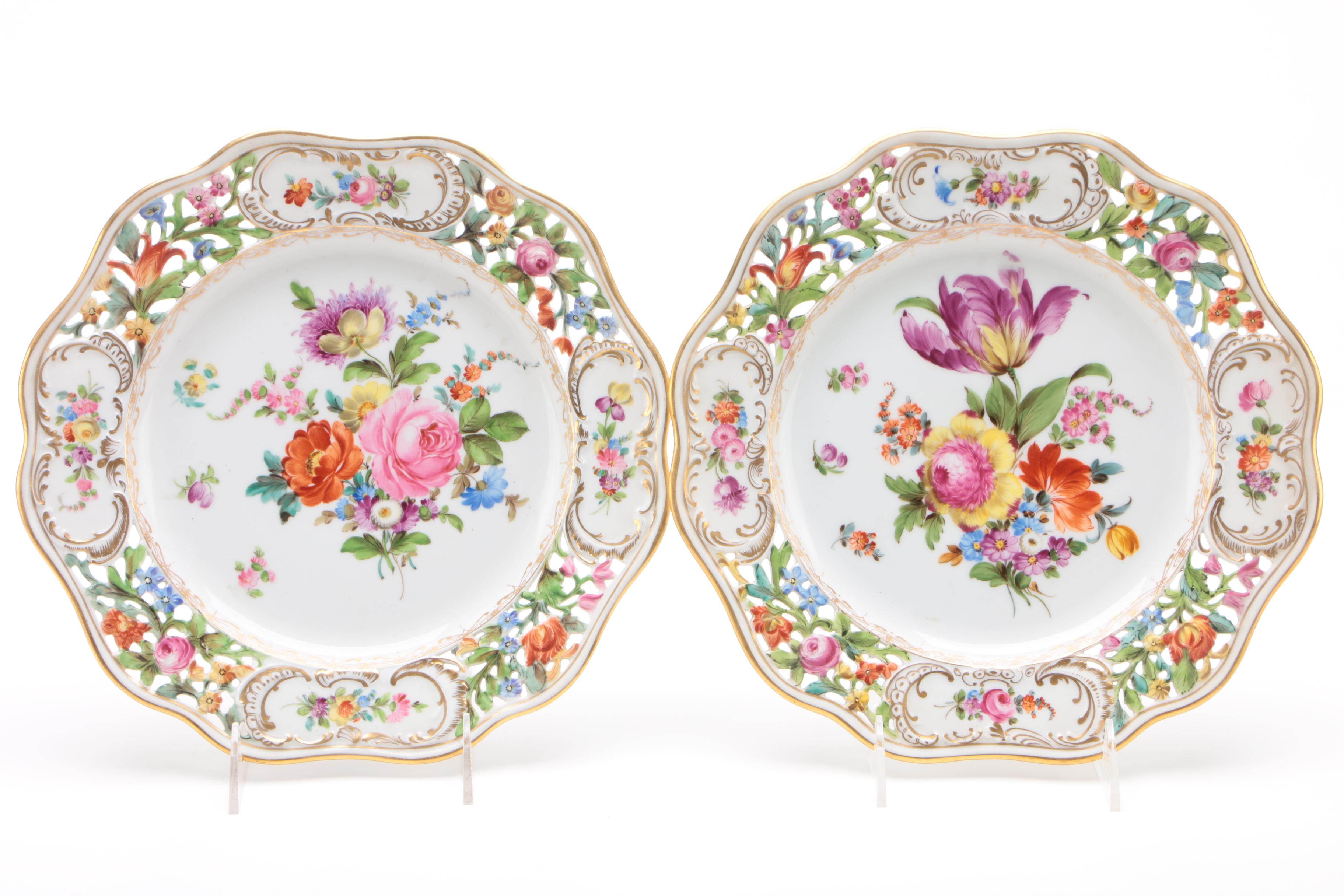 Carl Thieme Dresden Hand-Painted Pierced Porcelain Dinner Plates and Cake Plate