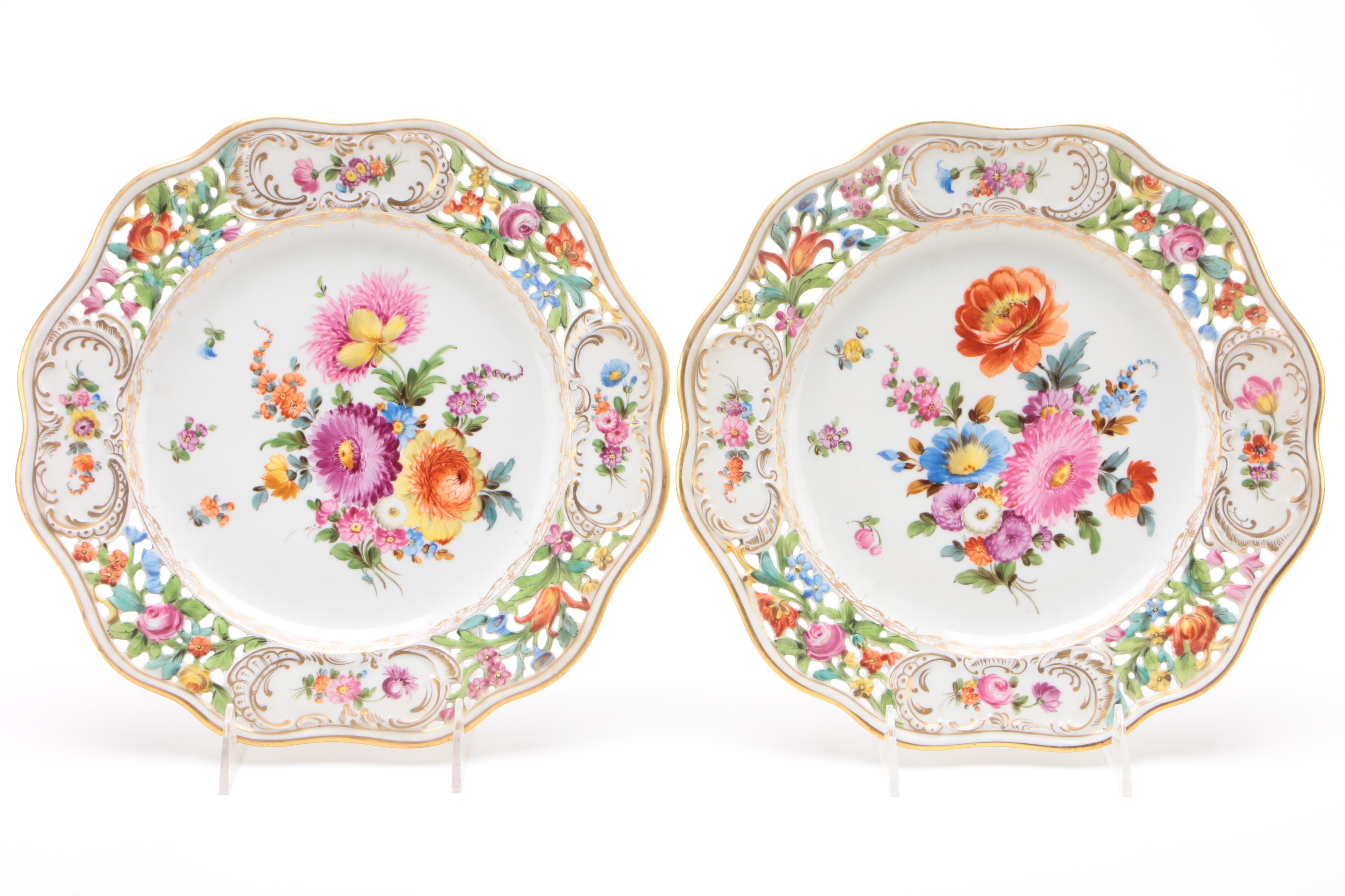 Carl Thieme Dresden Hand-Painted Pierced Porcelain Dinner Plates and Cake Plate