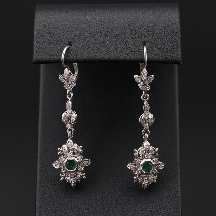 14K White Gold Emerald and Diamond Dangle Earrings