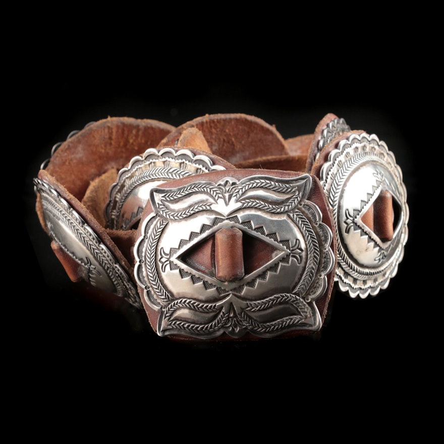 Sterling Silver Concho and Leather Southwestern Belt
